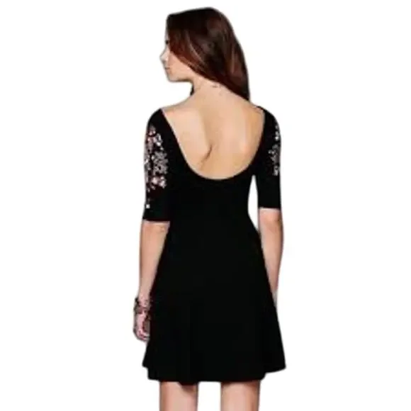 Free People Black Fit and Flare Skater Dress Embroidered  Sleeves Scoop Back S - Picture 2 of 8